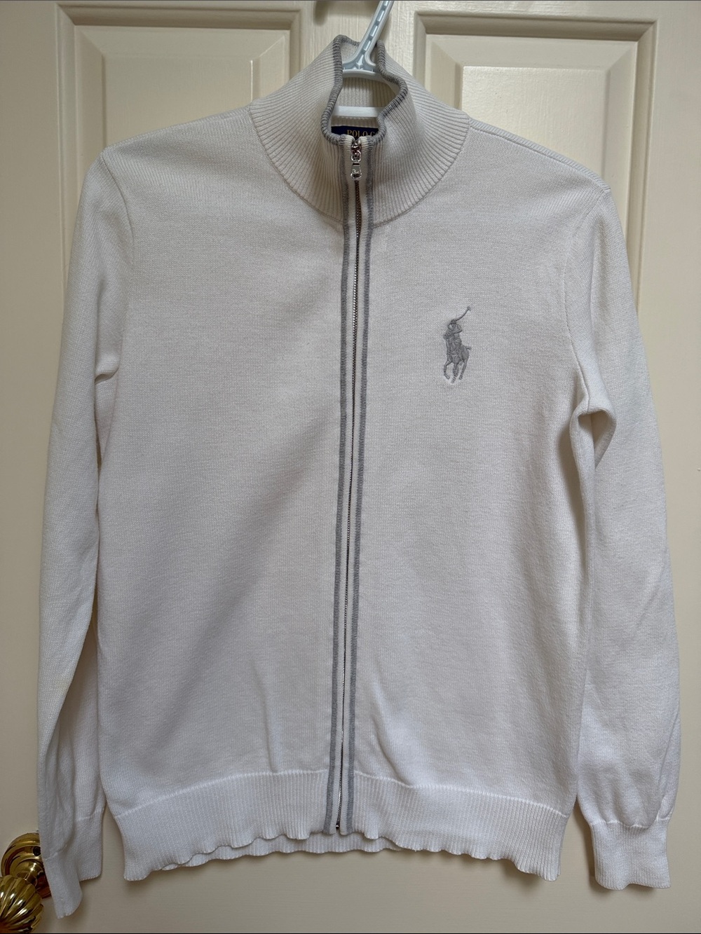 POLO GOLF Ralph Lauren White 100% cotton zip sweater w big pony silver trim
